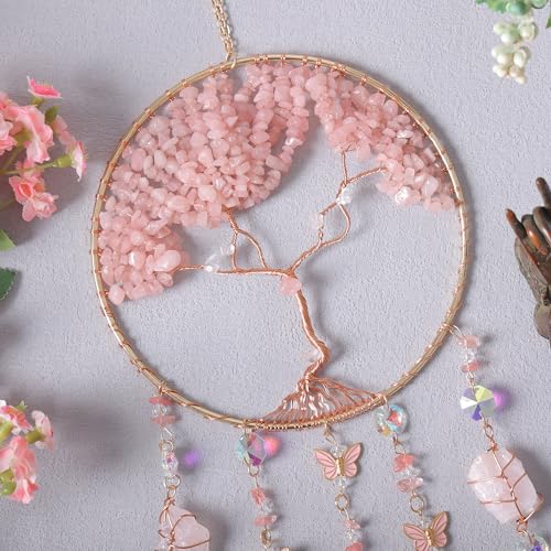 Pink Dream Catchers Crystal Tree of Life Dreamcatcher with Rose Quartz Butterfly Crystal Suncatcher Prism Hangings Decor Wall Window Bedroom Room Home Decoration Gift for Girls Boys Adults - Image 4