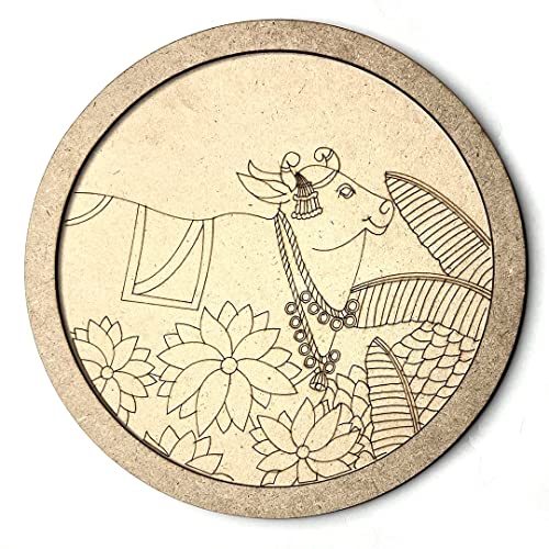 Image of Adikala Pichwai Cow & leaf Motifs MDF Engraved Design Wall Plate Base with Frame Cutout for DIY Craft