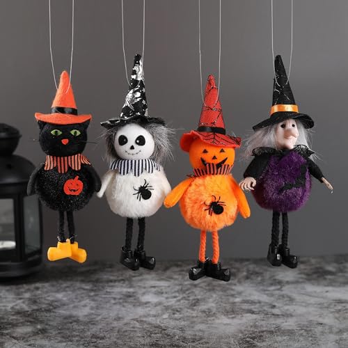 YUEMING 4 peças Decoração de suspensão, bruxas pingente peluche boneca ornamentos abóbora fantasma preto gato pendente para Weird Halloween Theme Holiday Tree Home Party Tree Decorations Supplies