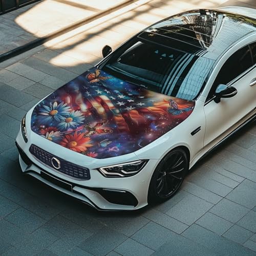 Image of 3.3x5 Ft American Flag Butterfly Prints Car Hood Cover Polyester Elastic Fabric Covers for Car Hood Stretchable Universal Auto Accessories for Most Automotive Trucks Pickup SUV