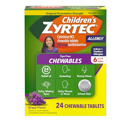 Zyrtec Childrens Dye-Free Chewables for 24 Hour Allergy Relief 10 mg Cetirizine Hydrochloride Antihistamine Tablets Kids Allergy Medicine Relieves Sneezing & Itchy Throat Grape 24 ct