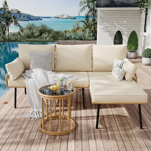 IDEALHOUSE 3-Piece Patio Furniture Set, All Weather Rattan Sofa with Tempered Glass Coffee Table and Thick Cushions, Sectional L-Shaped Patio Furniture for Deck, Poolside, Backyard, or Porch, Beige