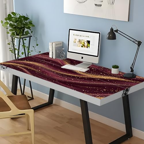 Image of Maroon Gold Sparkle Desk Sticker, Glamorous Wavy Abstract Desktop Decor, Waterproof Table Surface Protector for Home Office, 39.37x23.62 Inch
