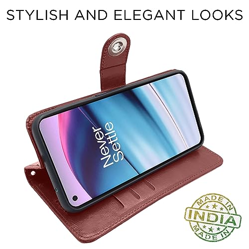 Image of Pikkme Oneplus Nord Ce 5G Flip Cover Leather Finish | Inside TPU with Card Pockets | Wallet Stand and Shock Proof | Complete Protection Button Flip Case (Brown)