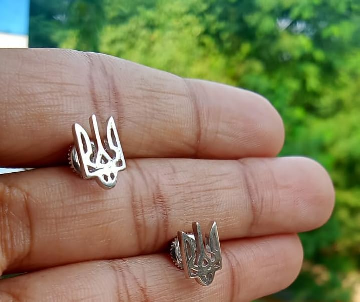 14K White Gold Plated 925 Sterling Silver Ukrainian Tryzub Trident Stud Earrings with Screw Back4