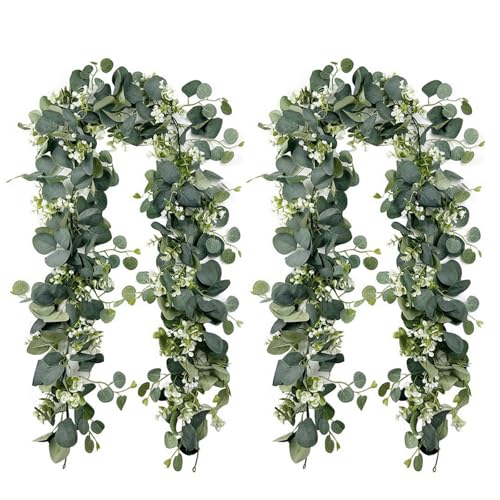 Guyode Lot de 2 guirlandes artificielles en forme d'eucalyptus 180 cm vis d'eucalyptus plantes artificielles suspendues vertes guirlandes décoratives...