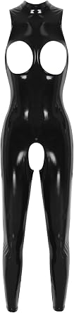 Womens One Piece Hollow Out Latex Catsuit Pvc Leather Costume, Crotch Free Full Bodysuit Clubwear