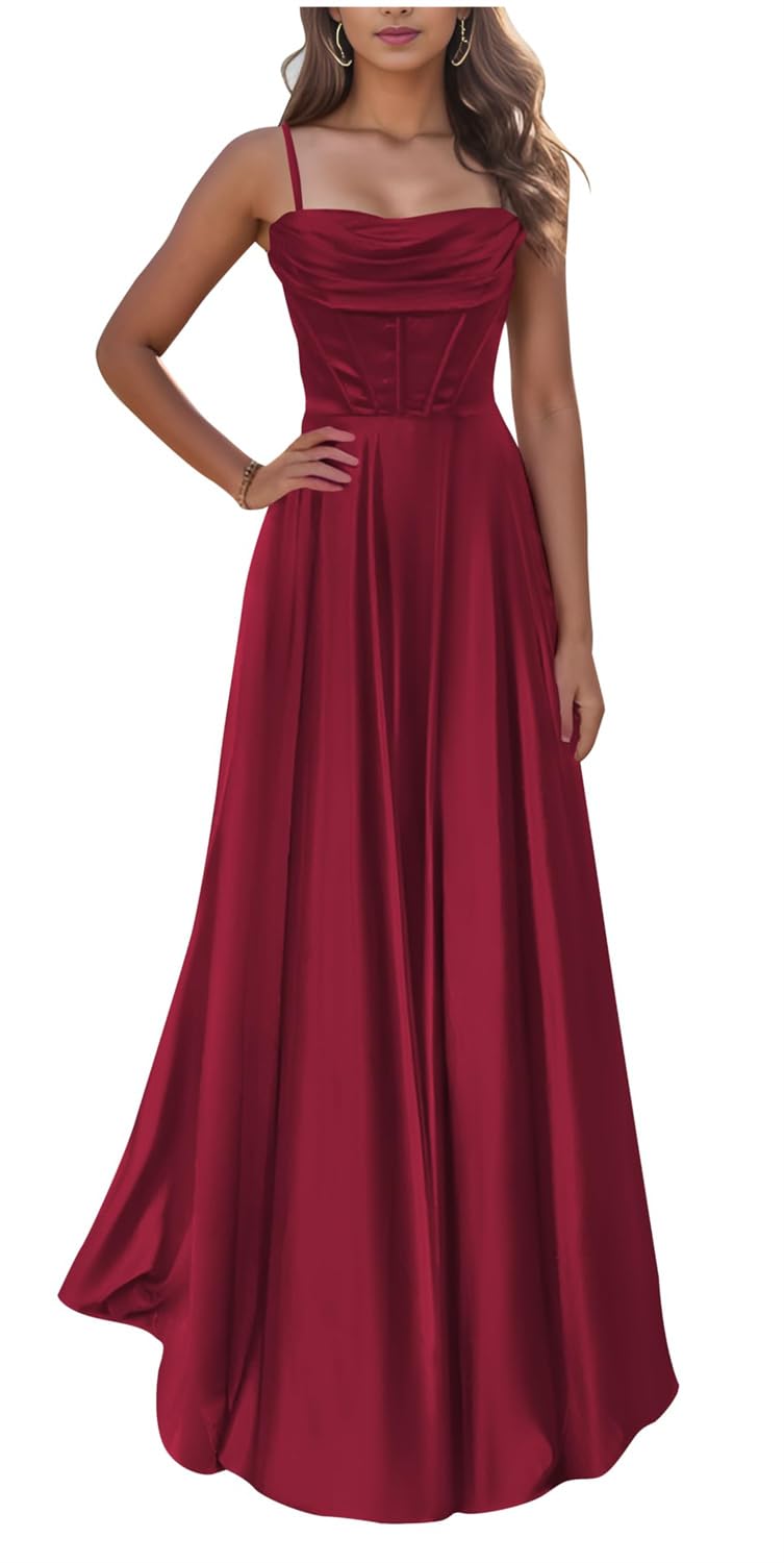 Kurface Women's Burgundy Spaghetti Strap Satin Formal Evening Dresses Pleated A Line Corset Long Prom Dress Ball Gown Uk16