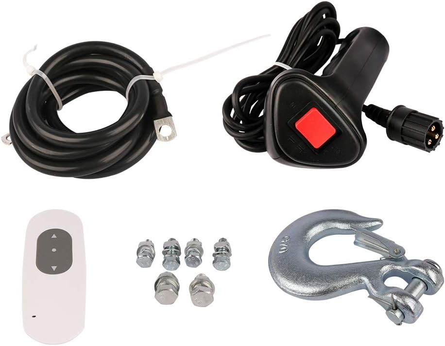 X-BULL Winch Accessories: Wired remote, wireless remote, hook, and mounting hardware