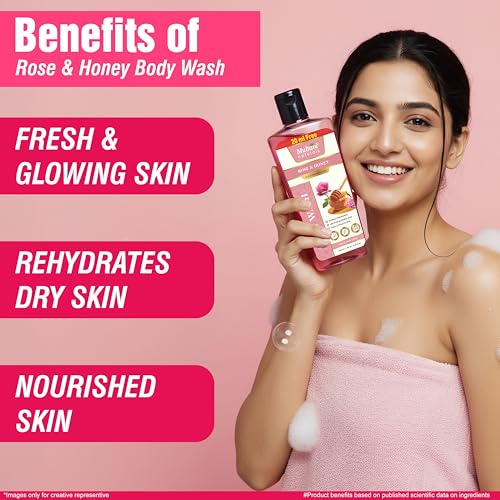 Image of Multani Naturals Rose & Honey Body Wash 270ml | Ayurvedic Herbal Body Cleanser with Rose, Aloe Vera & Neem | Soothing, Anti-Inflammatory | Paraben & Sulphate Free | For Men & Women | All Skin Types