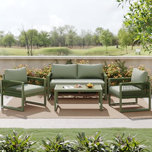 Zepneiy Salon de Jardin 4 pièces avec Structure en Fer galvanisé, Ensemble de chaises Longues en Corde Vert, Pieds réglables, Table avec Plateau en Verre,...