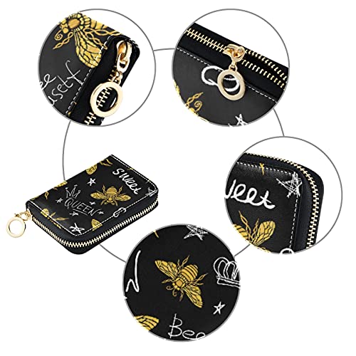 Oyihfvs Yellow Bee Sweet Bees Queen Crown Stars On Dark Credit Card Coin wallet, RFID Blocking Compact Women Leather Holder, Key Change Organizer, Zipper Purse Clutch Pouch Multi 3 4.7x3.1x0.8 Inch3