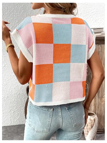 SHENHE Women's Cap Sleeve Knit Tops Summer Crewneck Short Sleeve Pullover Sweater Vest Color Block Crop T Shirts3