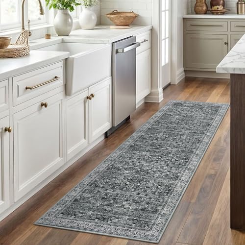 2x6 Moss Charcoal Washable Runner Rug for Hallways, Soft Neutral Vintage Kitchen Rugs with Non-Slip, Non-Shedding Distressed Floral Rug for Entryway Porch Kitchen Bedroom Laundry