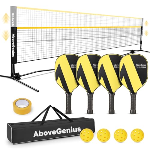 AboveGenius Pickleball Set with Net, Pickleball Paddles Set of 4, Portable Net for Driveway, Lightweight Rackets, 4 Outdoor Balls, 1 Storage Bag