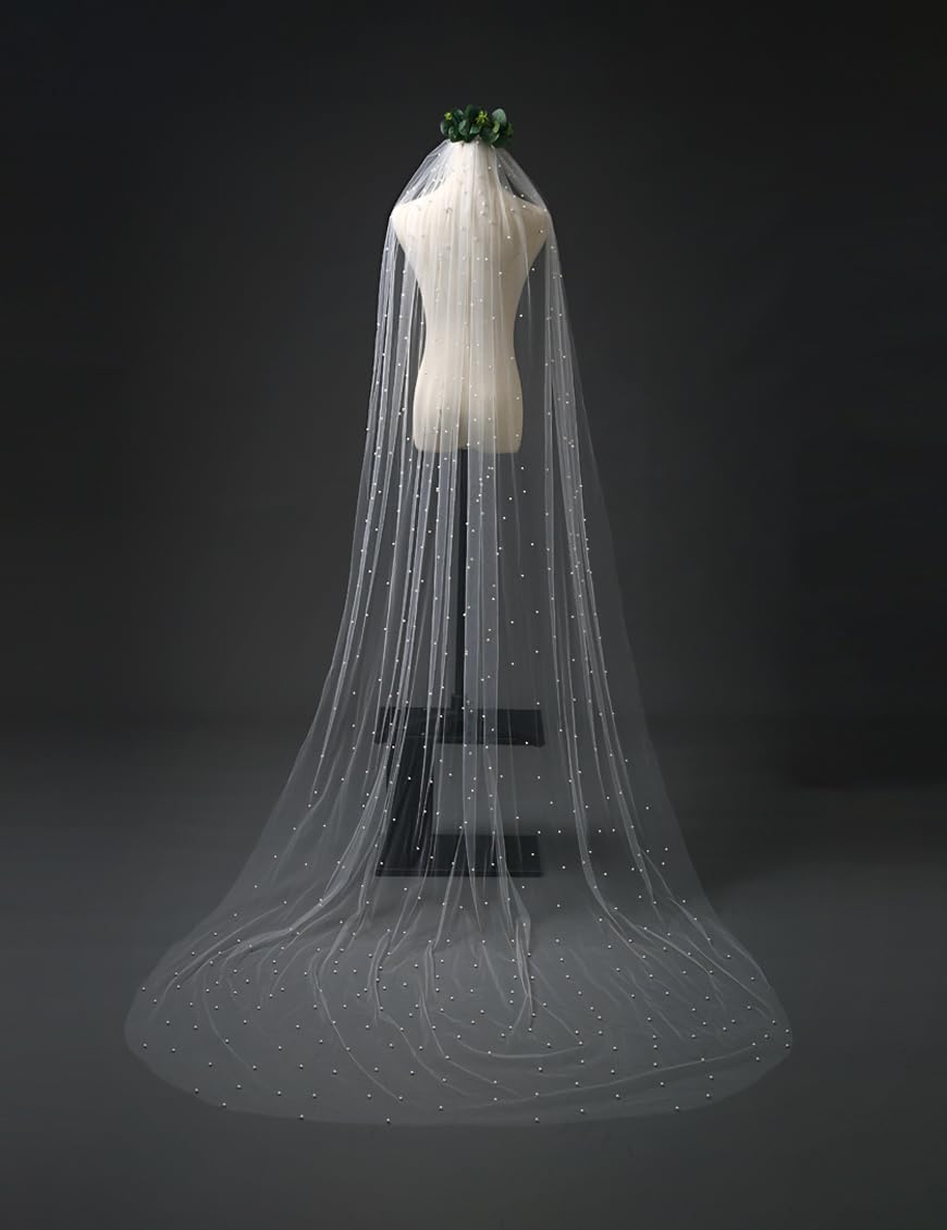 Wedding Veil, 1 Tier Pearl Veil Tulle with Metal Comb, Elbow/Fingertip/Waltz/Chapel/Cathedral Length Bridal Veil
