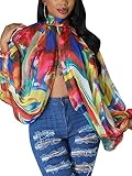 Womens Long Sleeve Chiffon Tops and Blouses Sexy See Through Print Self Tie Back Front Open Summer Blouses