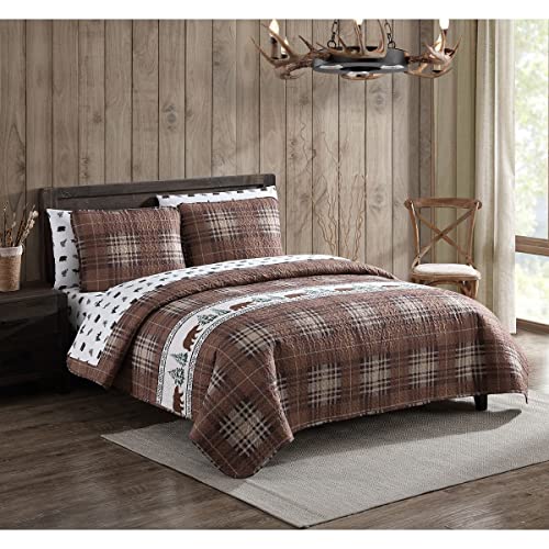 Aubrie Home Accents Galadriel 7-Piece Oversized Full Quilt Bed In A Bag With Pillow Shams And Microfiber Sheet Set Rustic Cabin Lodge Bear Plaid Bedding, Brown #TOP2