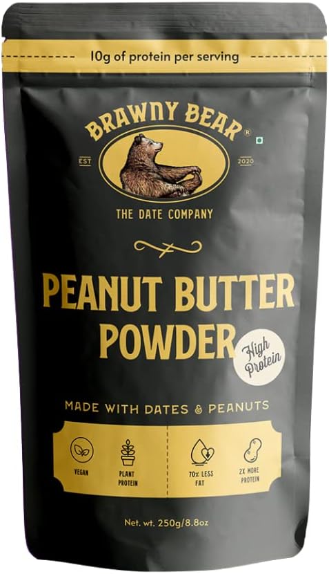 Brawny Bear Peanut Butter Powder, Natural Sweetened with Dates, No Added Sugar or Preservatives, Vegan, High in Plant Protein with 70% Less fat, Diet Friendly - 250gm