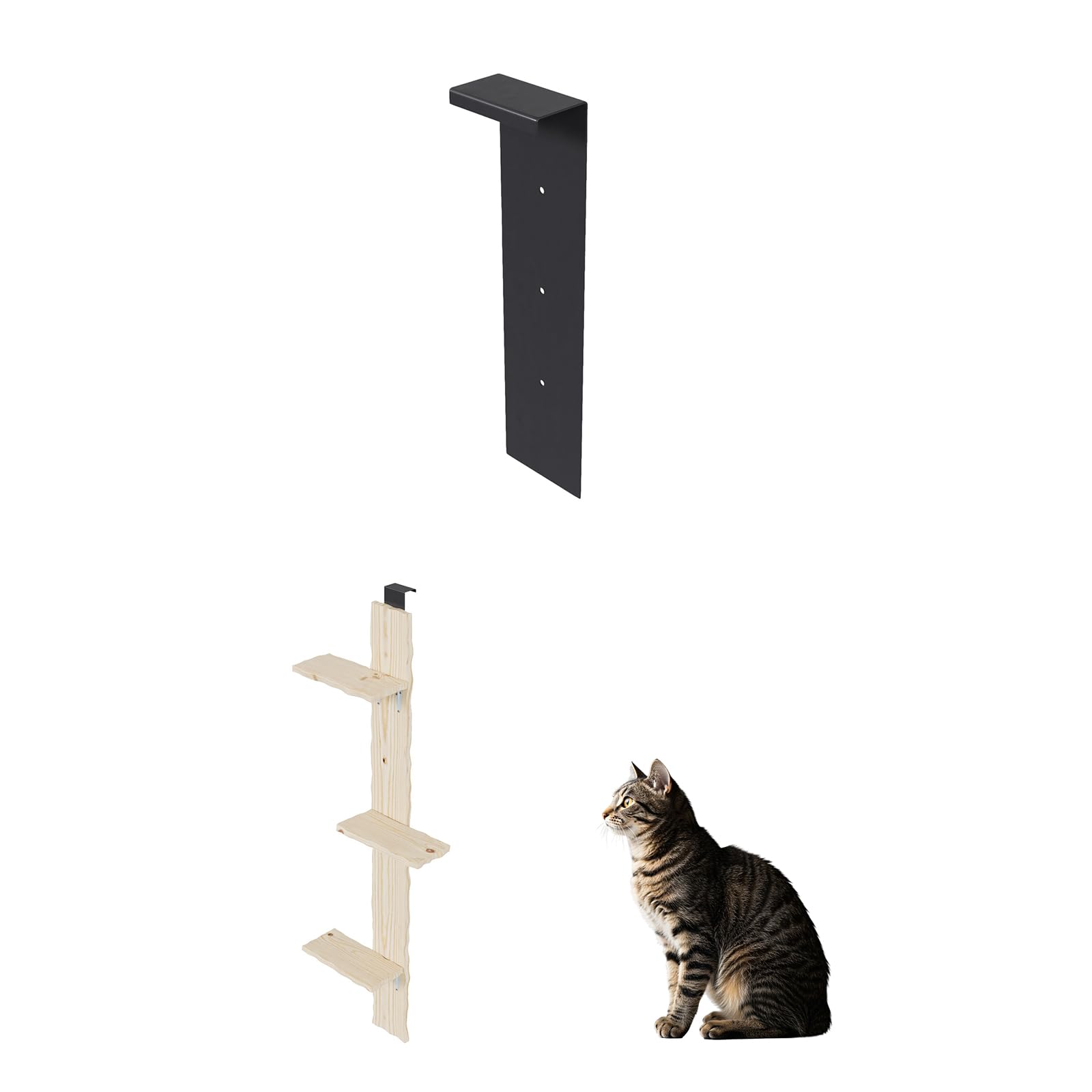 QLS Escalera para Gatos 180 cm, 3 peldaños, Pino sin Tratar | Estructura de 2 piezas con kit completo y 2 soportes para montar dentro o fuera de la puerta