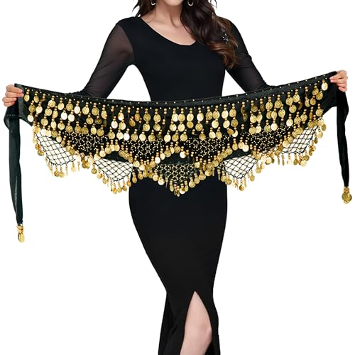 MUNAFIE Bauchtanz Hüfttuch Gürtel mit Münzen Bauchtanz Kostüm Damen Bauchtanz Wickelrock Schwarz Gold