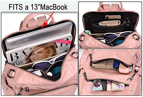 UTO Women Backpack Purse Oil Wax PU Leather Convertible Ladies Travel Rucksack Tassel Shoulder Bag Pink