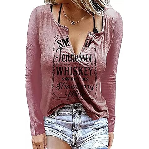 Woxlica V Neck T Shirts for Women Graphic Letter Print Country Music Shirt Long Sleeve Pink L Cover