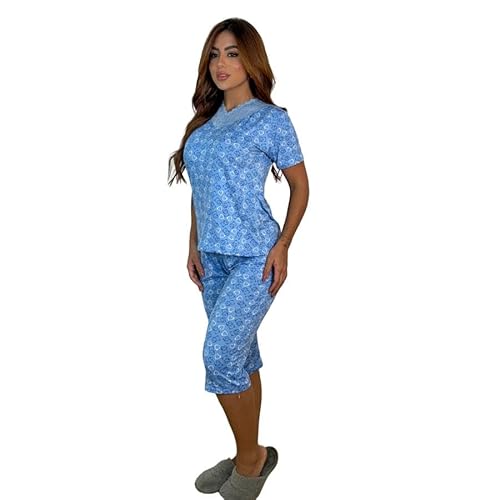 Pijama Feminino Estampado Manga Curta Calça Pescador (BR, Alfa, G, Regular, Regular, Azul Claro)