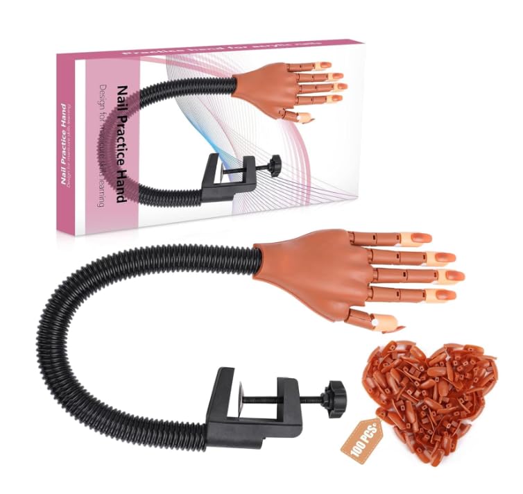 Practice Hand for Acrylic Nails, Professional Nail Practice Hand Nail Training Hand, Flexible Moveable False Fake Mannequin Hand for Nails Art Practice Display with 100Pcs Brown Fake Nail Tips-image-21