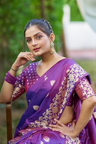 Image of SWORNOF Women's kanjivaram banarasi silk saree Zari Woven for festival Wedding silk with rich pallu Design sarees for women with Unstitched blouse piece