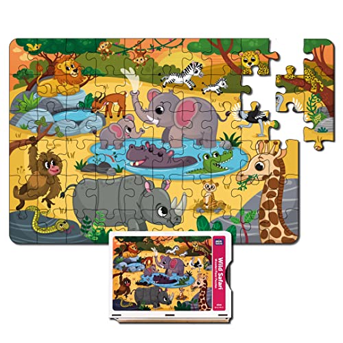 Image of Mini Leaves 60 Pieces Wooden Floor Puzzle for Kids & Adults | Wild Safari Animals Jigsaw | Fun & Challenging Game - Gift With Wooden Box