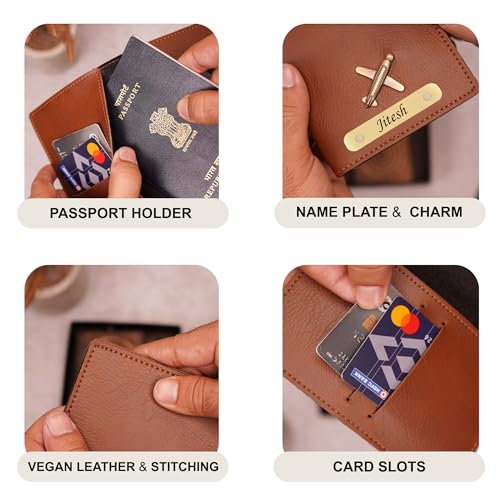 Image of WALLETKART Personalized Leather Passport Cover with Name | Customized Travel Passport Holder for Men & Women | Gift for Boyfriend, Girlfriend, Husband, Wife, Father & Mother (TAN)
