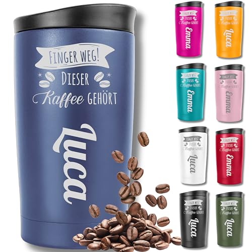 KUINEA Thermobecher personalisiert [100% auslaufsicher] Kaffeebecher To Go personalisiert 350ml, Kaffeebecher mit Gravur, Coffee To Go Becher personalisiert, kaffeebecher personalisiert blau