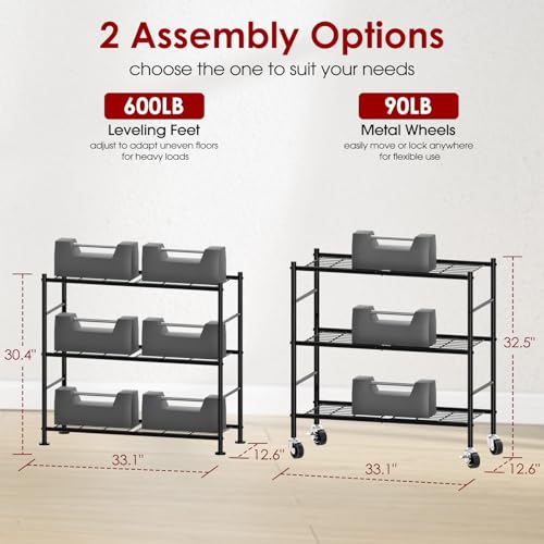 Image of Sakugi 3-Tier Storage Shelves 33.1 inch x12.6 inch x32.5 inch Black with Wheels | Kitchen, Closet, Pantry, Garage, Heavy Duty, Adjustable Feet, Metal Construction