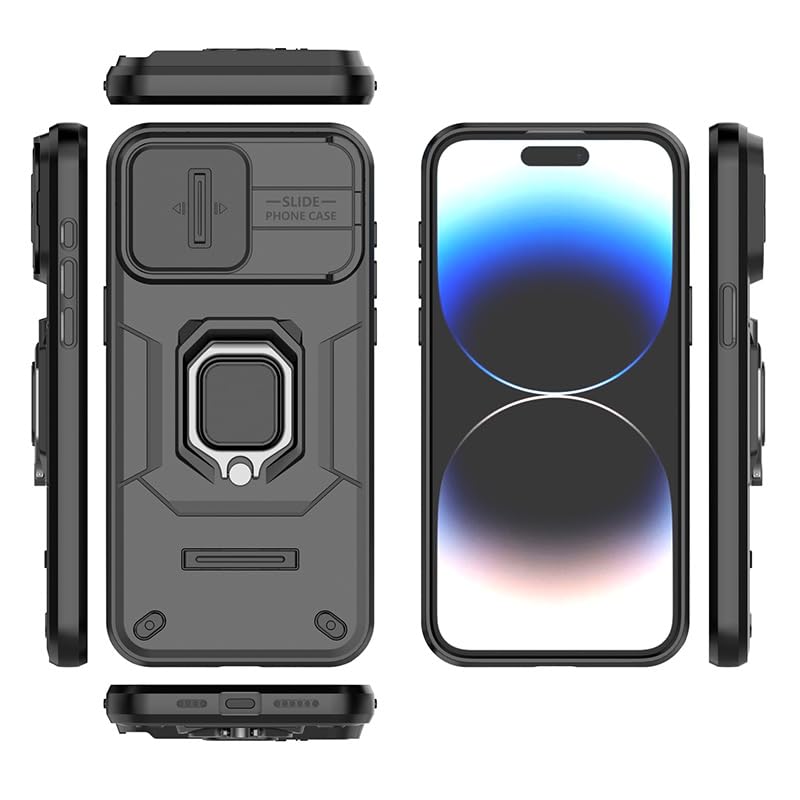 Image of Polycarbonate Camshield Pro Case With Slide Camera Protection And 360 Protection Ring Stand Bumper Back Case Cover For iPhone 15 Pro (Black)
