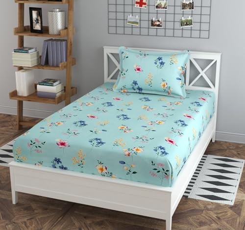 Image of NHD HOME Glace Cotton 180 TC Flat Single Bedsheets for Summer Breathable | Wrinklefree (Size-60 X 90 Inch) with 1 Pillow Covers (Size-17 X 27 Inches, Floral Light Green)| TC - 180