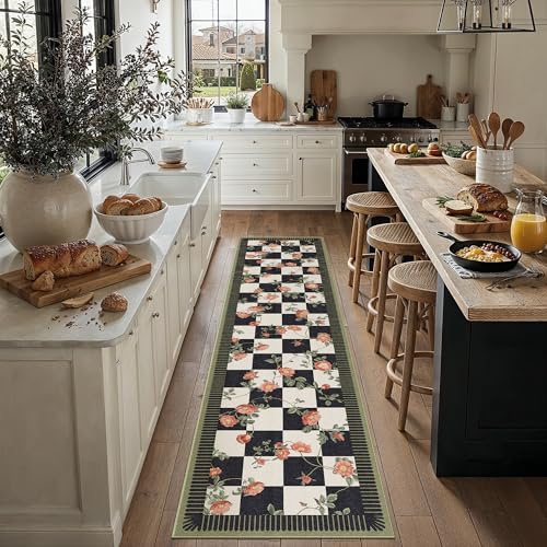 LäUfer Flur Teppich 60x240cm Waschbar Blumenmuster Bettvorleger Blumen Kariert Modern Küchenteppich Wohnzimmer Schlafzimmer Teppiche rutschfest Kurz