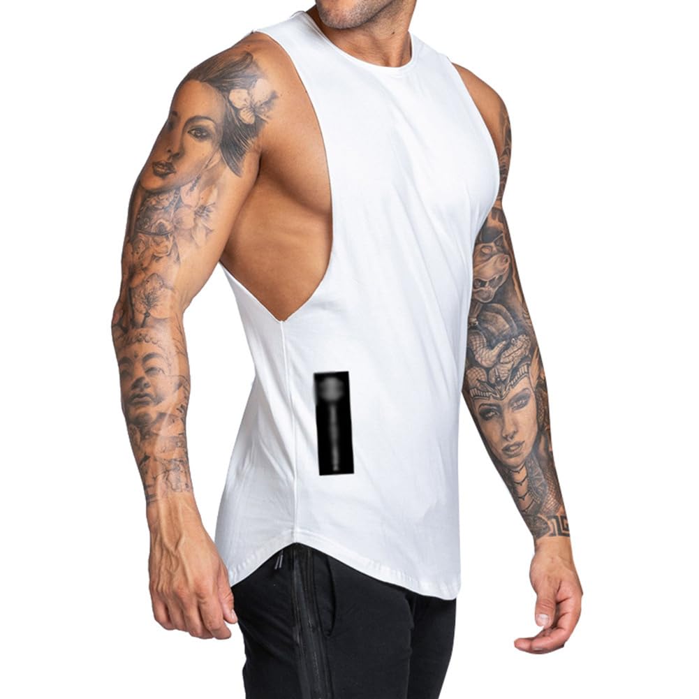 Simiduneur Men's White Sleeveless Drop Arm Round Neck Muscle Stringer Vest Cut Open Gym Training Bodybuilding Tank Top,,M