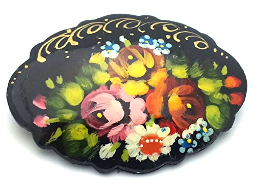 Russian Colorful Oval Brooch Hand Painted Traditional Pin with Flowers
