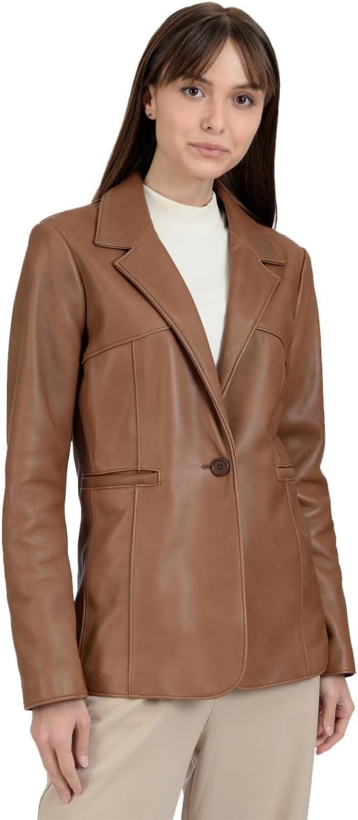 Nine West Women’s Leather Lapel Blazer Middle Brown.