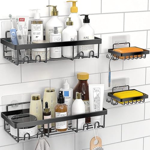 Oslen Metal Self Adhesive Wall Mount Bathroom Rack Shelf Hanging Shelves with Hooks Storage Racks Accessories Set for Home Rustproof 2 Bathroom Shelf 2 Soap Dishes (Magic Stickers - No Drilling)