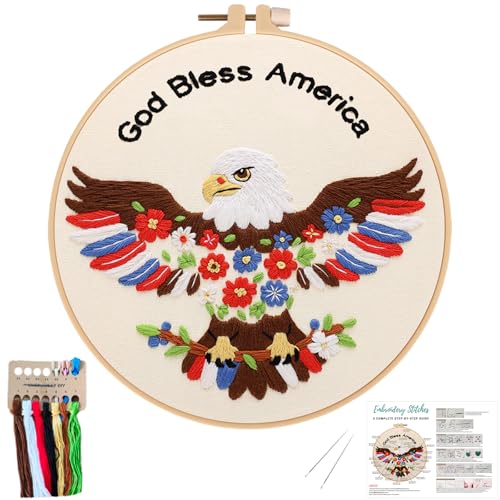 Image of Nuberlic Embroidery Kits for Beginner Adults, God Bless America Eagle Cross Stitch Starter Kit with Embroidery Hoop Needles Threads Instruction -Independence Day