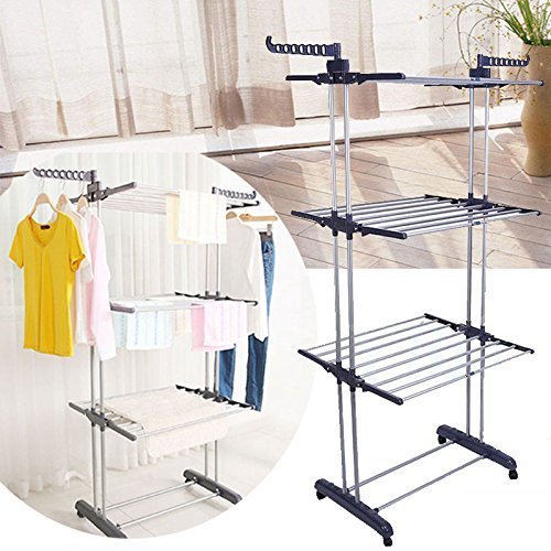 Yosoo Tendedero de Ropa Plegable de Gran Capacidad con 3 Niveles Adjustable con Ruedas