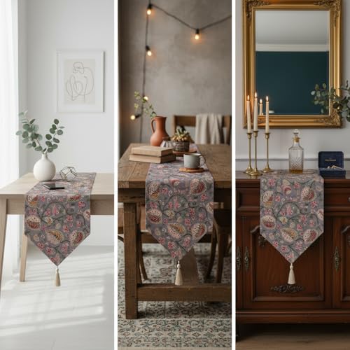 Image of COZY FURNISH Luxury Floral Printed Cotton Table Runner - 13x72 Inches Tassel Runner for Dining Table, Bed & Centre Table | Elegant Home Decor Accessories