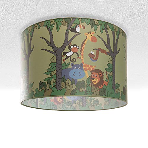 Preisvergleich Produktbild Kinderlampe Deckenlampe LED Pendelleuchte Kinderzimmer Dschungel Tier-Motiv E27, Lampenschirm: Grün (Ø45.5 cm), Lampentyp: Deckenleuchte Silber + Leuchtmittel