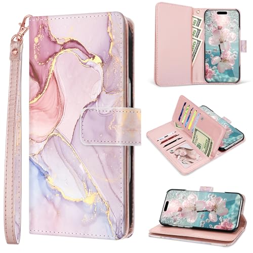 Fingic for iPhone 17 Case Wallet Case for Women Girls[with 9 Card Holders] Marble Rose Gold PU Leather with Detachable Wrist Strap Fullbody Slim Shockproof Flip Phone Case for iPhone 17,6.3 inch,2025
