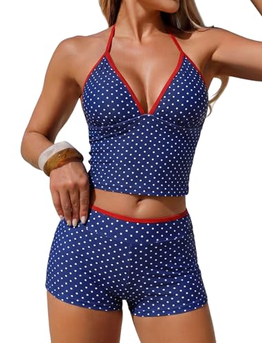 ZAFUL Womens Tankini Swimsuits V Neck Halter Top with Boyshorts Bottom Tummy Control Two Piece Bathing Suit Navy Blue M