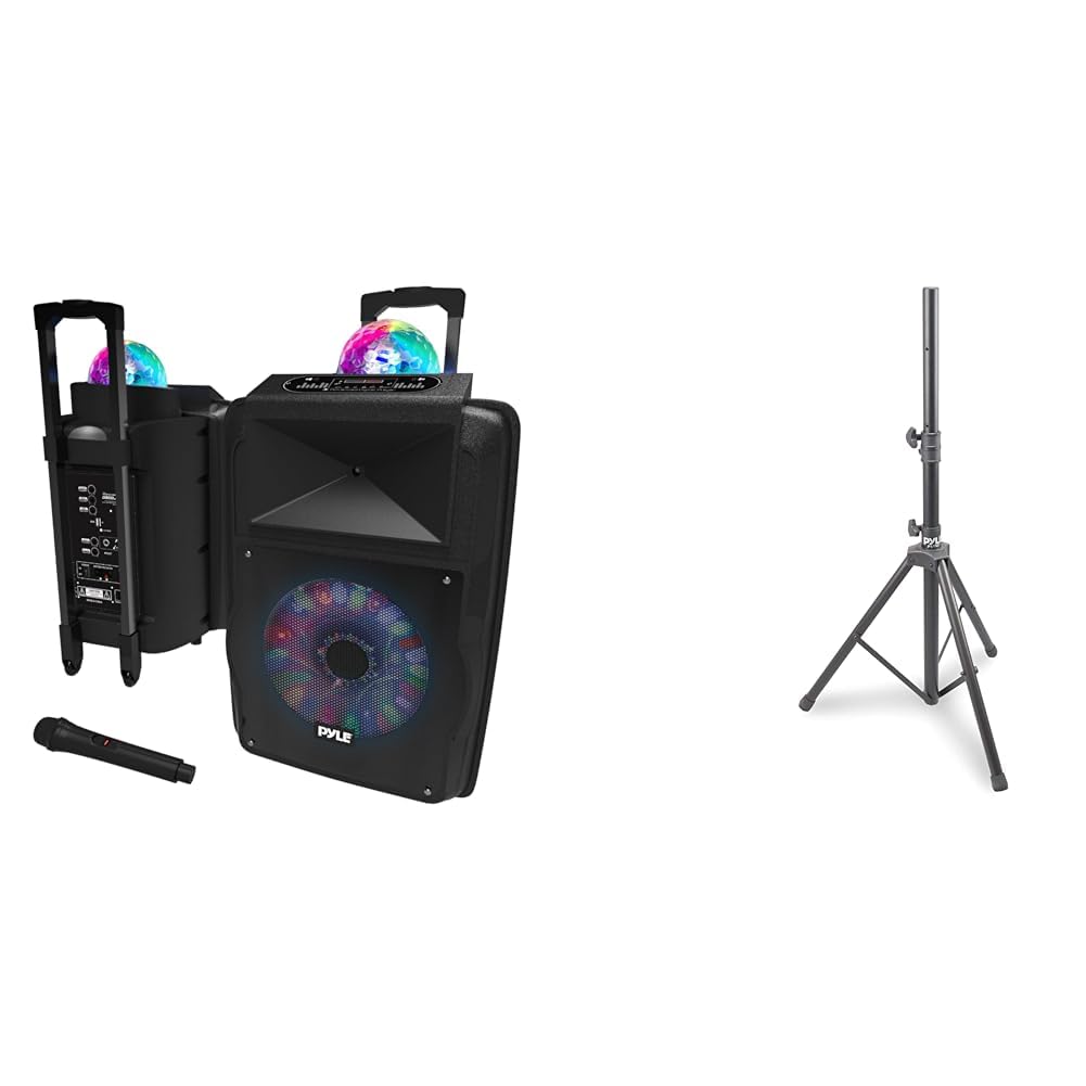 Pyle 700W Portable PA Speaker System Bundle with Bluetooth Wireless Streaming, Flashing LED Lights, Handheld Microphone and Adjustable Heavy Duty Speaker Stand