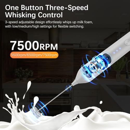 Image of Rechargeable Milk Frother with Stand,3-Speed Handheld Coffee Electric Whisk, Detachable Stainless Steel Frother Wand, Coffee Frother & Drink Mixer for Latte, Cappuccino, Hot Chocolate, Egg(White)