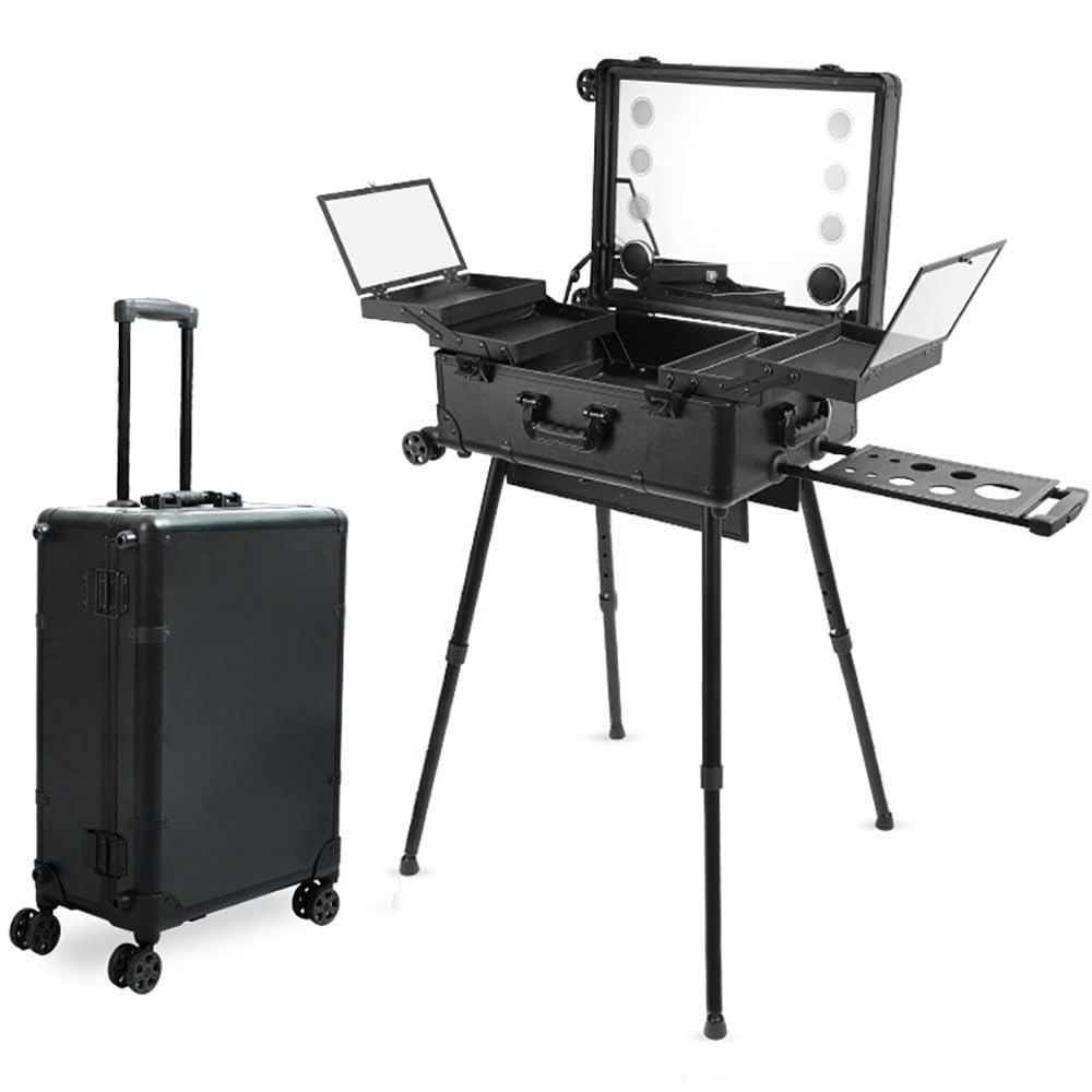 Makeup Train Stand Case, Professional Rolling Makeup Trolley Case Travel Cosmetic Train Storage Case with Adjustable LED Light, Touchscreen and Bluetooth Speaker for Artist Salon Trolley (Black-L)